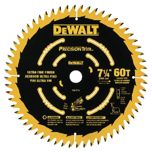 DeWALT DW7116 Circular Saw Blade, 7-1/4 in Dia, 5/8 in Arbor, 60-Teeth