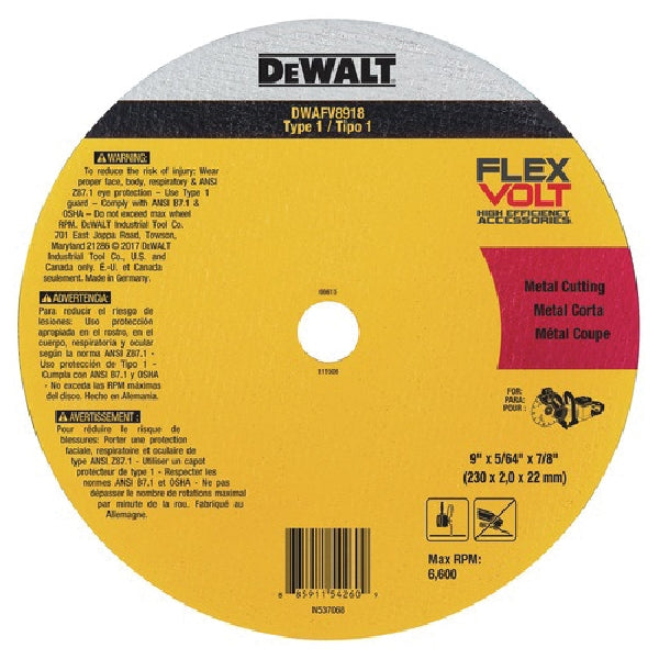 DeWALT FLEXVOLT DWAFV8918 Cut-Off Wheel, 9 in Dia, 0.0781 in Thick, 7/8 in Arbor, Ceramic Abrasive