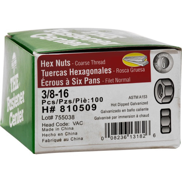 HILLMAN 810509 Hex Nut, Coarse Thread, 3/8-16 Thread, Steel, Galvanized