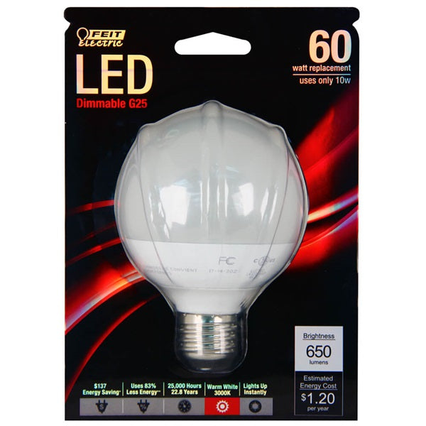 Feit Electric G25/650/LEDG2 LED Bulb, Globe, G25 Lamp, 60 W Equivalent, E26 Lamp Base, Dimmable, Warm White Light