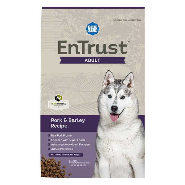 Blue Seal EnTrust 3984 Dog Food, Adult Breed, Dry, Barley, Pork Meal Flavor, 20 lb Bag