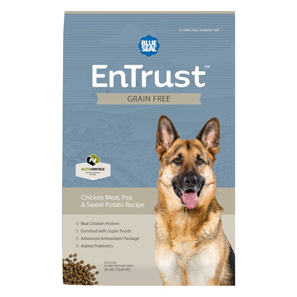 Blue Seal EnTrust 3992 Dog Food, Adult Breed, Dry, Chicken Meal, Pea, Sweet Potato Flavor, 30 lb Bag
