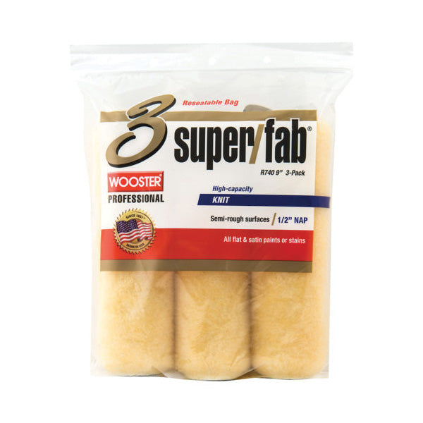 WOOSTER SUPER/FAB R740-9 Roller Cover, 1/2 in Thick Nap, 9 in L, Fabric Cover, Gold/Yellow