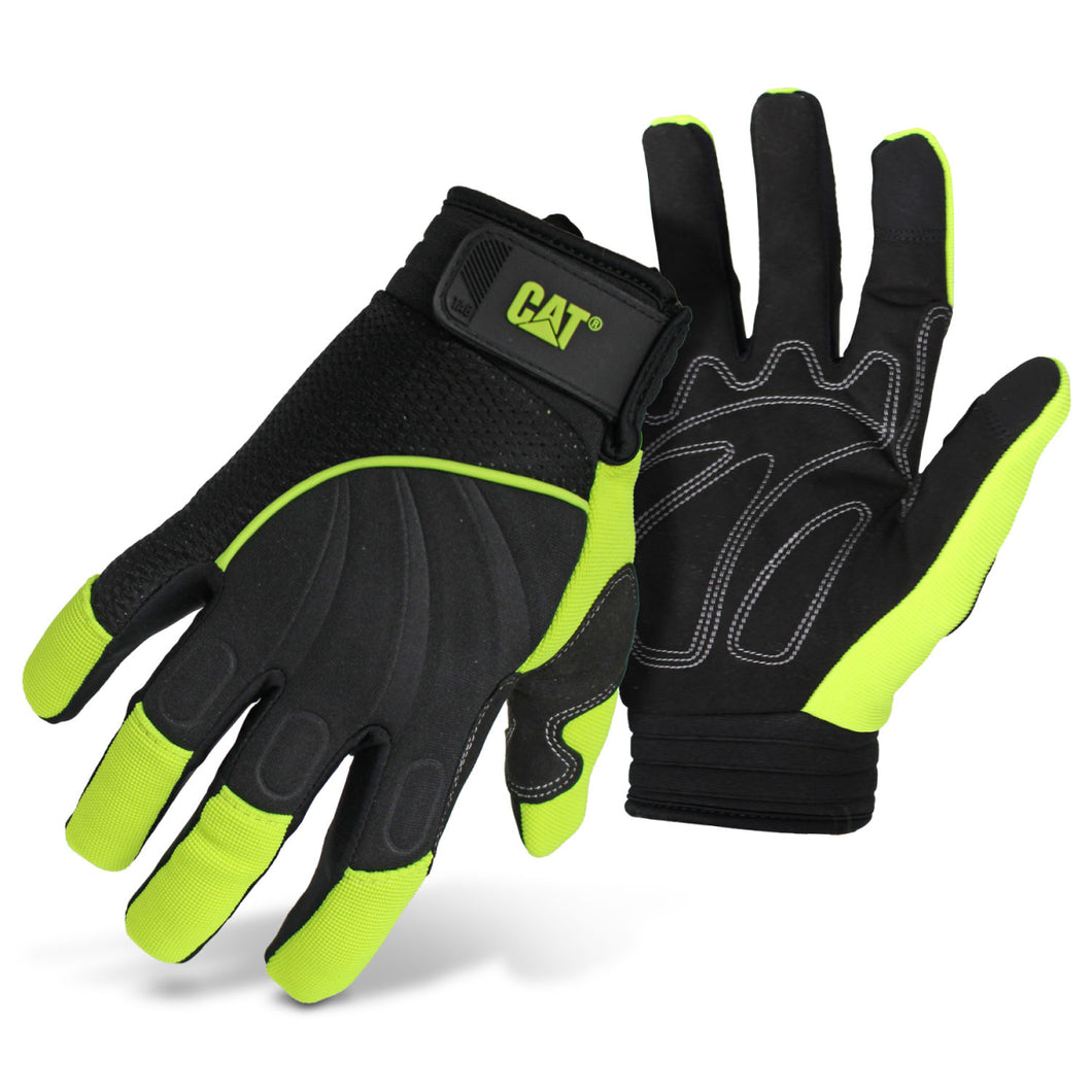 Cat CAT012224-L High-Visibility Mechanic Gloves, Men's, L, Adjustable Wrist Cuff, Synthetic Leather, Green