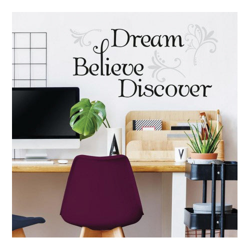 RoomMates RMK2082SCS Wall Decal, 18 in L, 10 in W, Dream, Believe, Discover, Multi-Color