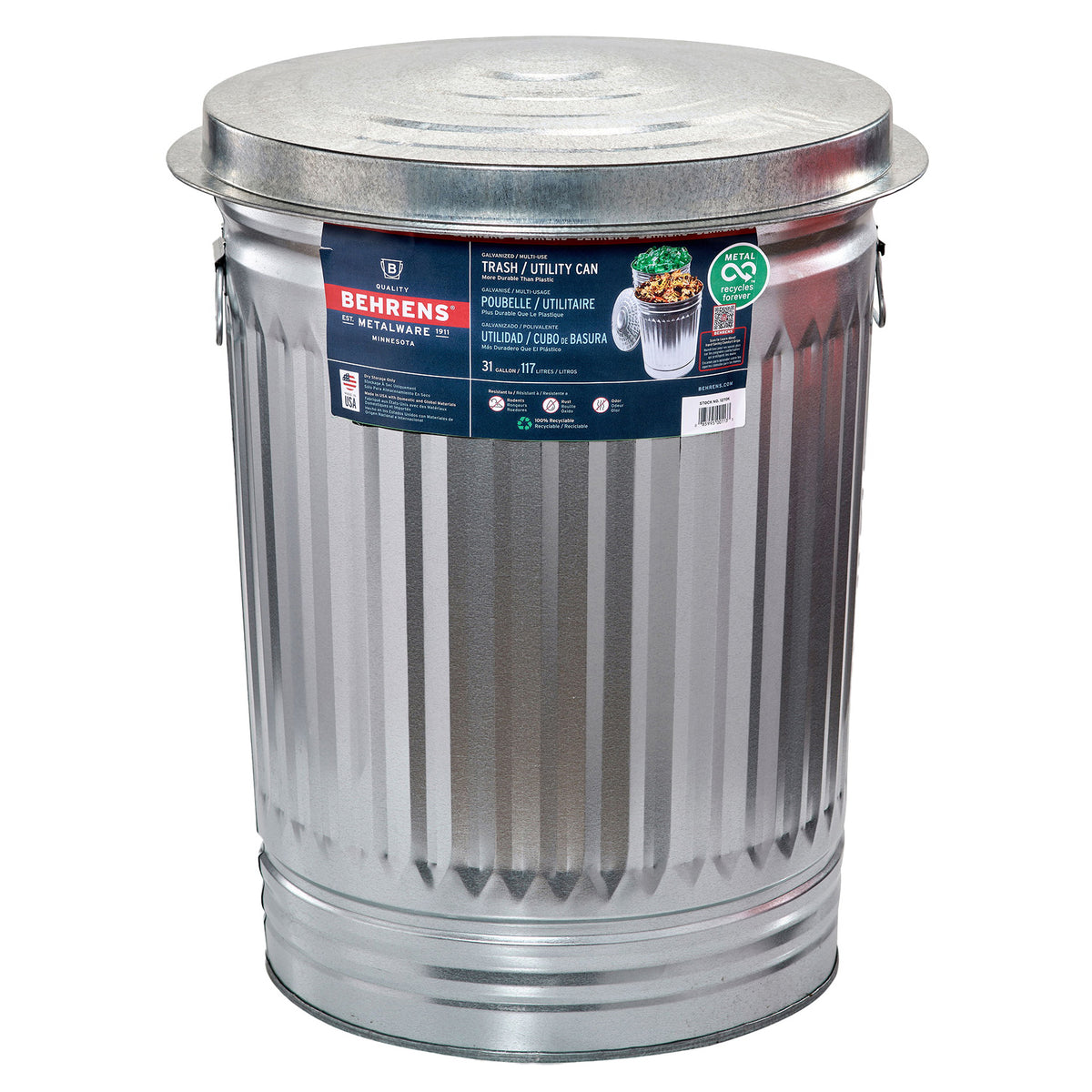 Behrens 1270 Trash Can, 31 gal Capacity, Steel, Silver