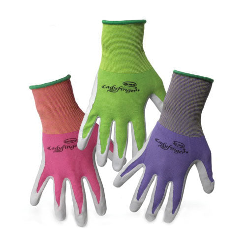 BOSS LADYFINGER 8438XS Coated Gloves, Women&#39;s, XS, Nitrile Coating, Nylon Glove, Green/Pink/Purple