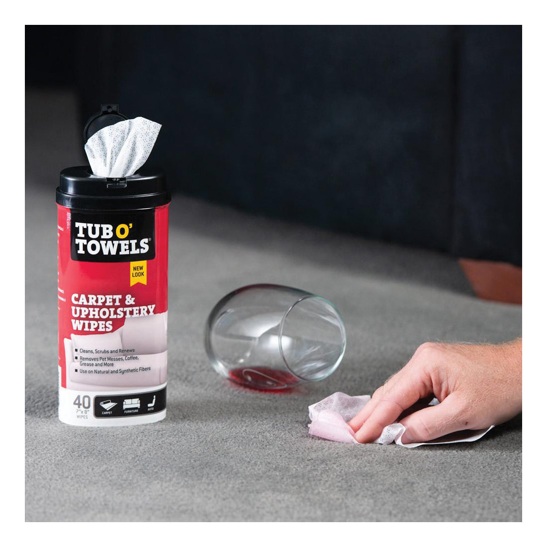 Tub O'Towels TW40-CP Carpet and Upholstery Cleaning Wipes, 8 in L, 7 in W, 1-Ply, Light Citrus, Polypropylene