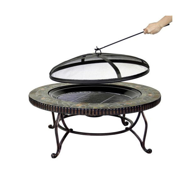 GHP Group OFW103RI Elizabeth Slate Fire Pit, 34 in OAW, 19.7 in OAD, 34 in OAH, Round, Porcelain/Steel/Wood