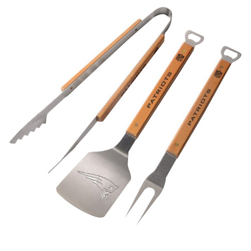 YouTheFan Patriots 3PC/3PCS Classic BBQ Set, Stainless Steel, Maple Handle