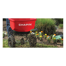 Load image into Gallery viewer, CHAPIN 82080 Turf Spreader, 100 in W Spread, 80 lb Hopper, Stainless Steel Frame, Red Hopper, Pneumatic Wheel
