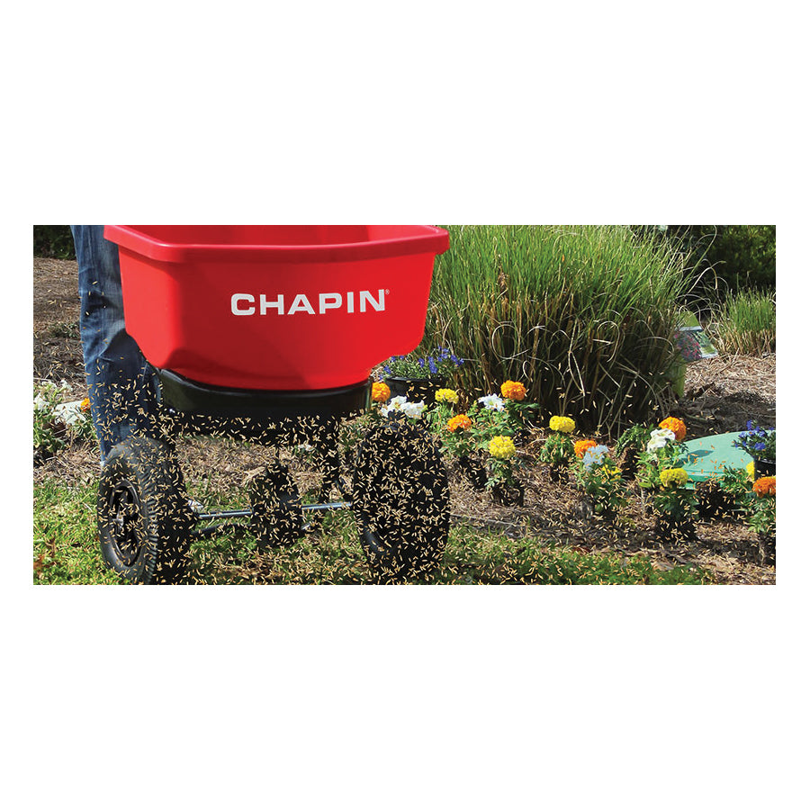 CHAPIN 82080 Turf Spreader, 100 in W Spread, 80 lb Hopper, Stainless Steel Frame, Red Hopper, Pneumatic Wheel
