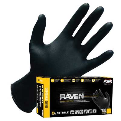 SAS Safety Corp Raven 66519 Disposable Gloves, XL, Nitrile, Powder-Free, Black