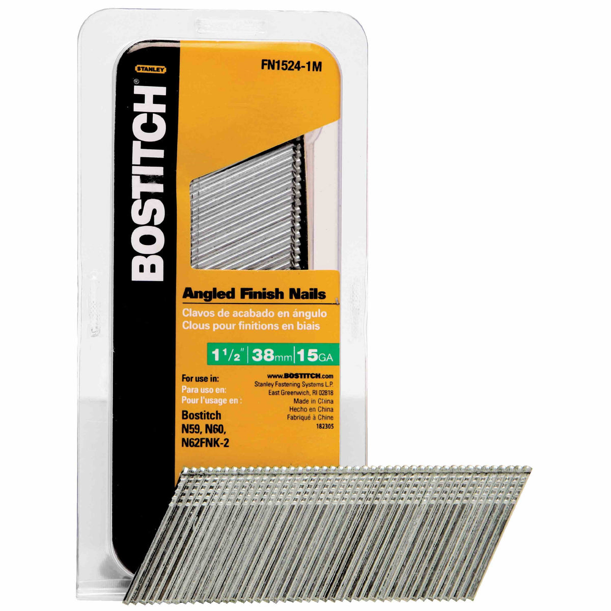 Bostitch FN1524-1M Finish Nail, 1-1/2 in L, 15 ga Gauge, Steel, Bright, Flat Head, Smooth Shank