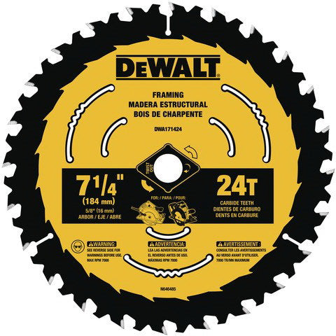 DeWALT DWA171424 Circular Saw Blade, 7-1/4 in Dia, 5/8 in Arbor, 24-Teeth, Applicable Materials: Wood