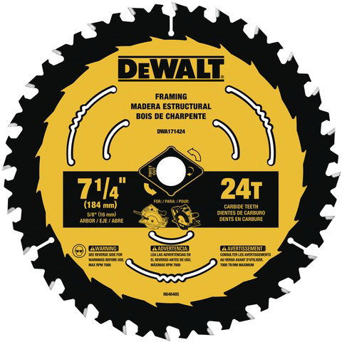 DeWALT DWA171424 Circular Saw Blade, 7-1/4 in Dia, 5/8 in Arbor, 24-Teeth, Applicable Materials: Wood