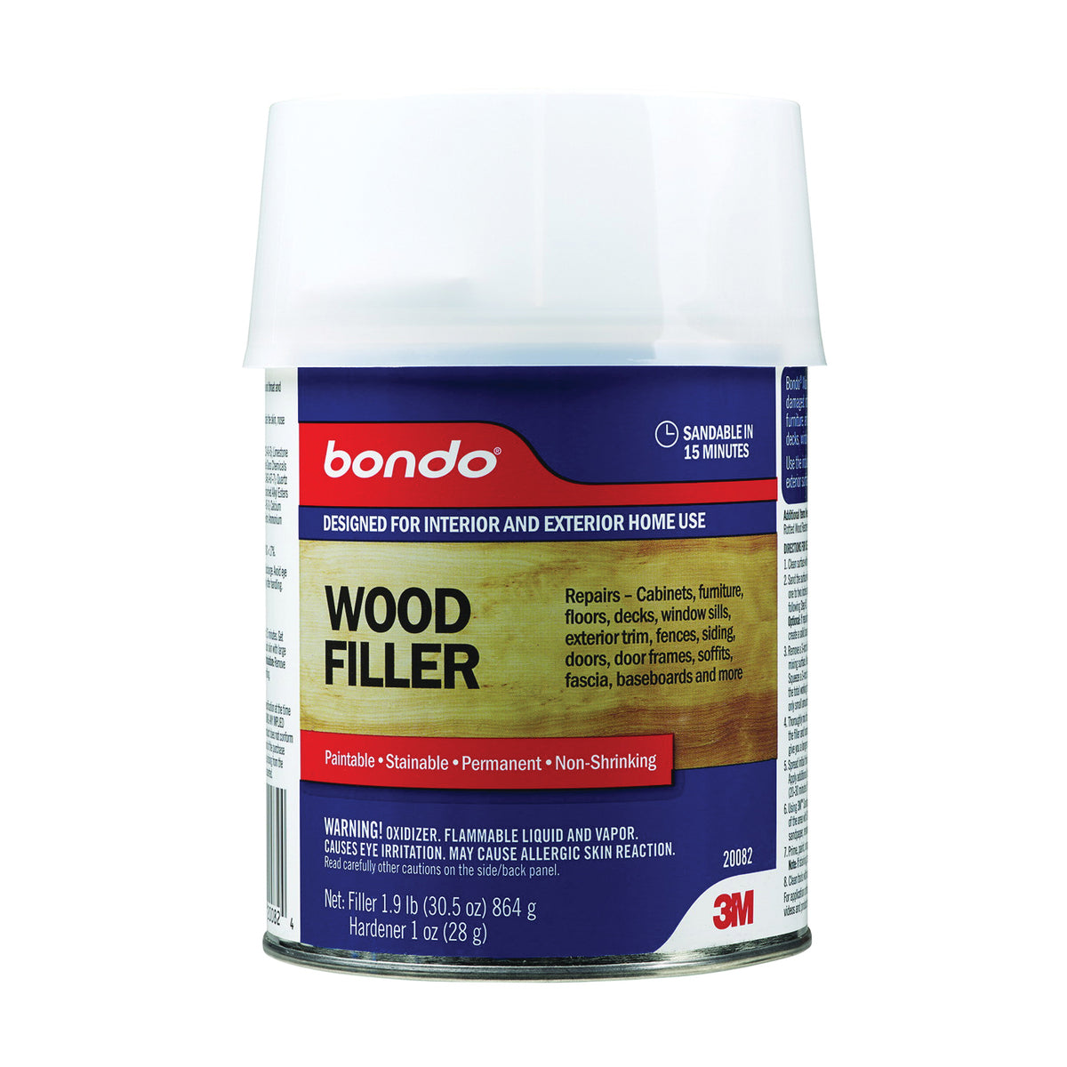Bondo 20082 Wood Filler, Paste, Pungent Styrene, Yellow, 1 qt Can
