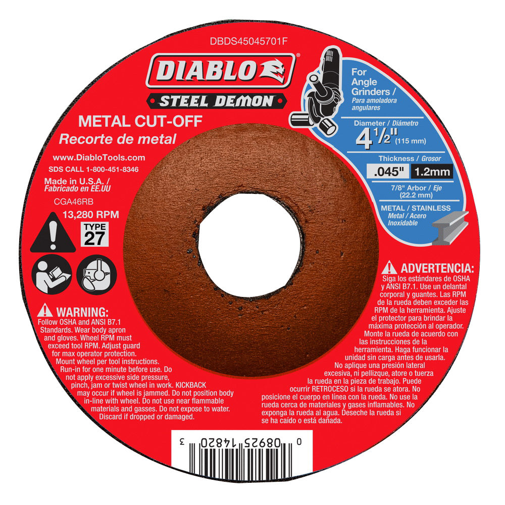 Diablo Steel Demon DBDS45045701F Cut-Off Disc, 4-1/2 in Dia, 0.045 in Thick, 7/8 in Arbor, Ceramic Abrasive