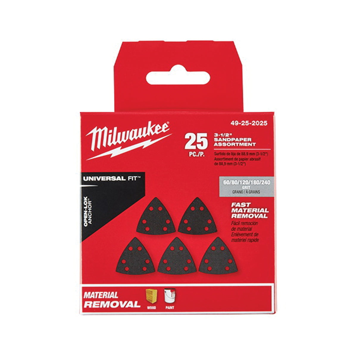 Milwaukee 49-25-2025 Triangle Sandpaper Variety Pack, 60, 80, 120, 180, 240 Grit, Silicon Carbide Abrasive, 3-1/2 in L