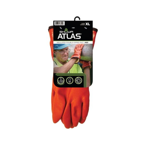 ATLAS 460XL-10.RT Insulated Coated Gloves, XL, 11-13/16 in L, Gauntlet Cuff, PVC Glove, Orange