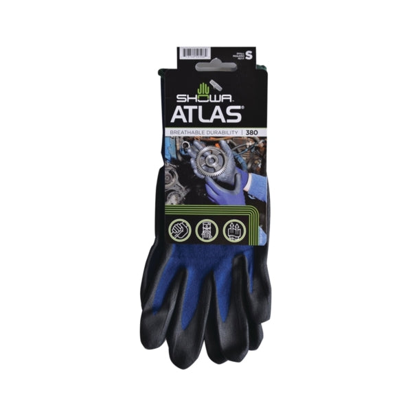 ATLAS 380S-06.RT Lightweight Coated Gloves, S, 8-21/32 to 10-15/64 in L, Elastic Cuff, Nitrile Foam Coating, Black/Blue