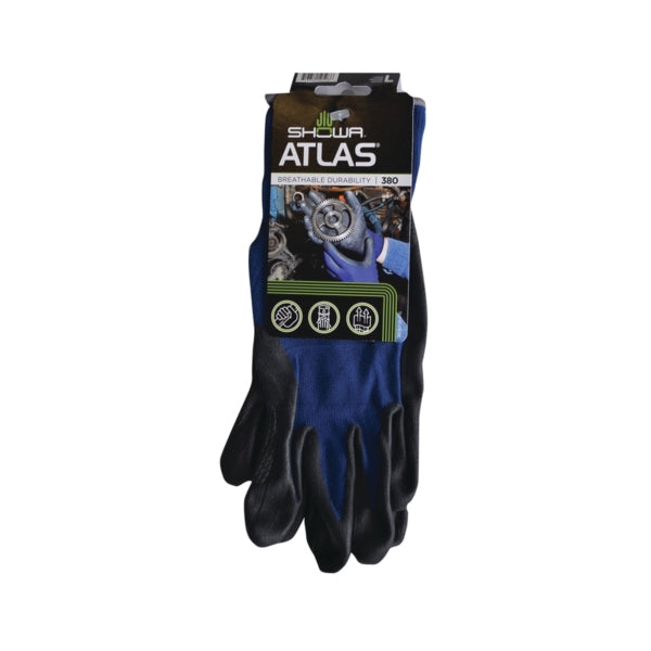 ATLAS 380L-08.RT Lightweight Coated Gloves, L, 8-21/32 to 10-15/64 in L, Elastic Cuff, Nitrile Foam Coating, Black/Blue