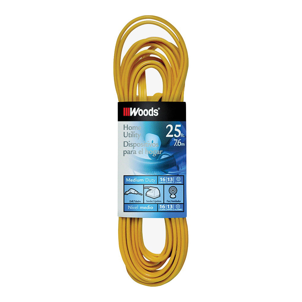 Woods 0831 Extension Cord, 16 AWG Cable, 25 ft L, 10 A, 125 V, Yellow