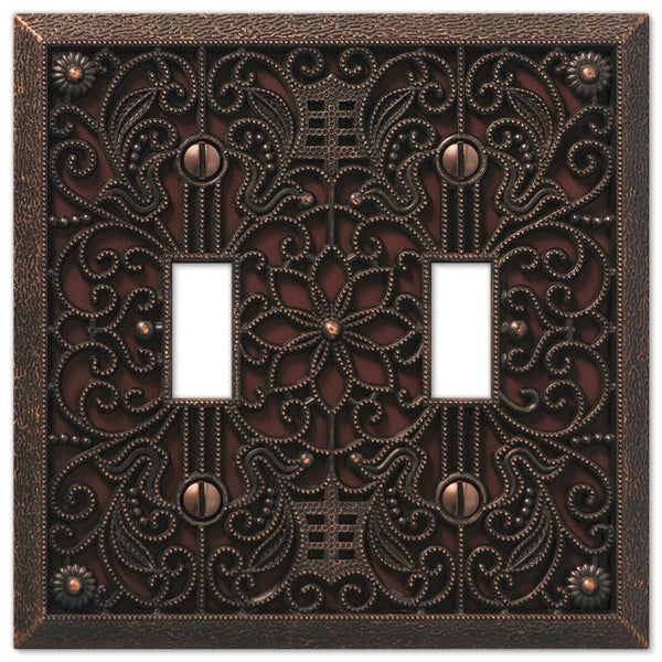 Amerelle Filigree 65TTDB Wallplate, 4-1/2 in L, 4-7/16 in W, 2 -Gang, Metal, Aged Bronze