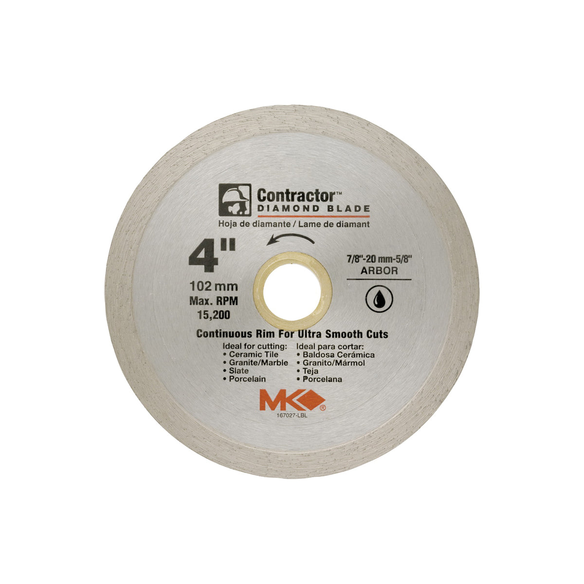 MK 167027 Circular Saw Blade, 4 in Dia, 7/8-20 to 5/8 Arbor, Diamond Cutting Edge