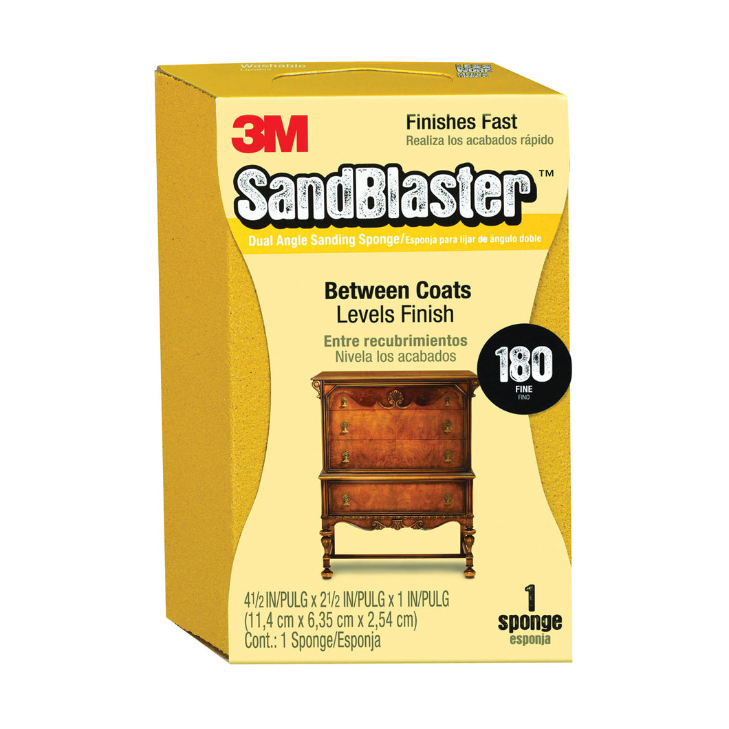 3M SandBlaster 9564 Sanding Sponge, 4-1/2 in L, 2-1/2 in W, 180 Grit, Fine, Aluminum Oxide Abrasive