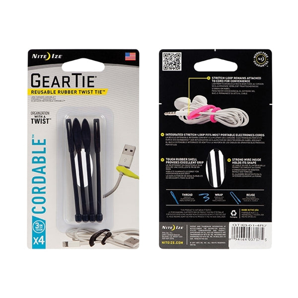 Gear Tie Cordable GTK3-01-4R7 Twist Tie, Twist Lock Locking, Rubber, Black