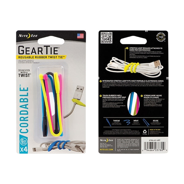 Gear Tie Cordable GTK6-A1-4R7 Twist Tie, Rubber, Assorted