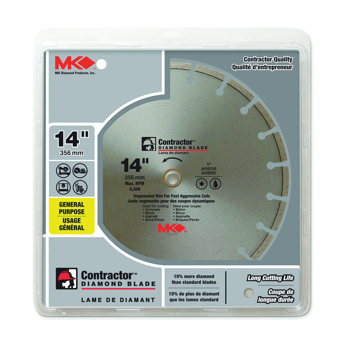MK 167019 Saw Blade, 14 in Dia, 1 in Arbor, Diamond Cutting Edge, Segmented Rim