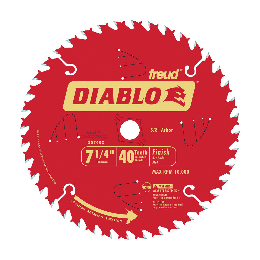 Diablo D0740X Circular Saw Blade, 7-1/4 in Dia, 5/8 in Arbor, 40-Teeth, Carbide Cutting Edge