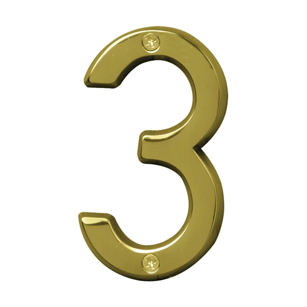 HY-KO Prestige Series BR-42PB/3 House Number, Character: 3, 4 in H Character, Brass Character, Brass
