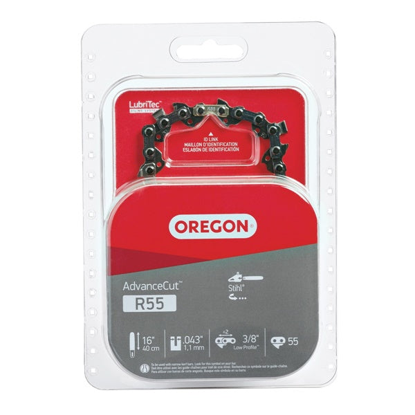 Oregon AdvanceCut R55 Chainsaw Chain, 16 in L Bar, 0.043 Gauge, 3/8 in TPI/Pitch, 55-Link