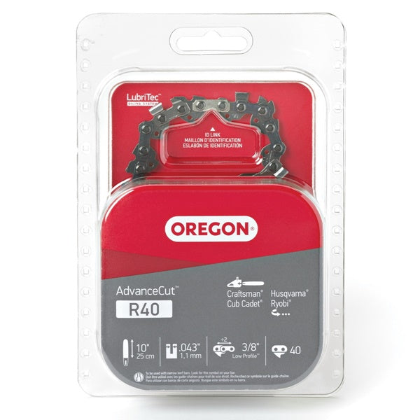 Oregon AdvanceCut R40 Chainsaw Chain, 10 in L Bar, 0.043 Gauge, 3/8 in TPI/Pitch, 40-Link