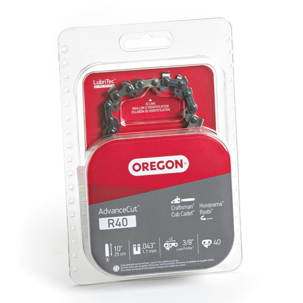 Oregon AdvanceCut R40 Chainsaw Chain, 10 in L Bar, 0.043 Gauge, 3/8 in TPI/Pitch, 40-Link