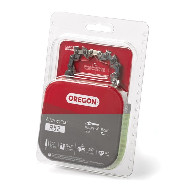 Oregon AdvanceCut R52 Chainsaw Chain, 14 in L Bar, 0.043 Gauge, 3/8 in TPI/Pitch, 52-Link