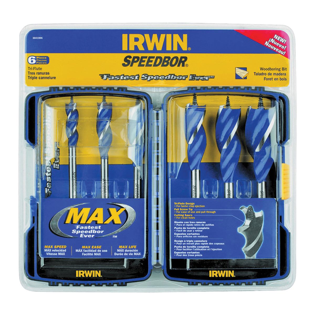 IRWIN SPEEDBOR 3041006 Speed Bit Set, Tri-Flute Flute, Hex Shank