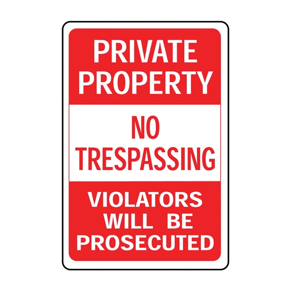 HY-KO HW-45 Parking Sign, Rectangular, PRIVATE PROPERTY NO TRESPASSING VIOLATORS WILL BE PROSECUTED, Red/White Legend
