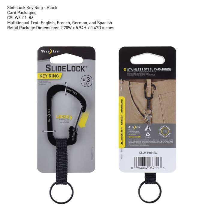 Nite Ize SlideLock CSLW3-01-R6 Key Carabiner, 1-1/2 in OAL, Stainless Steel, Black