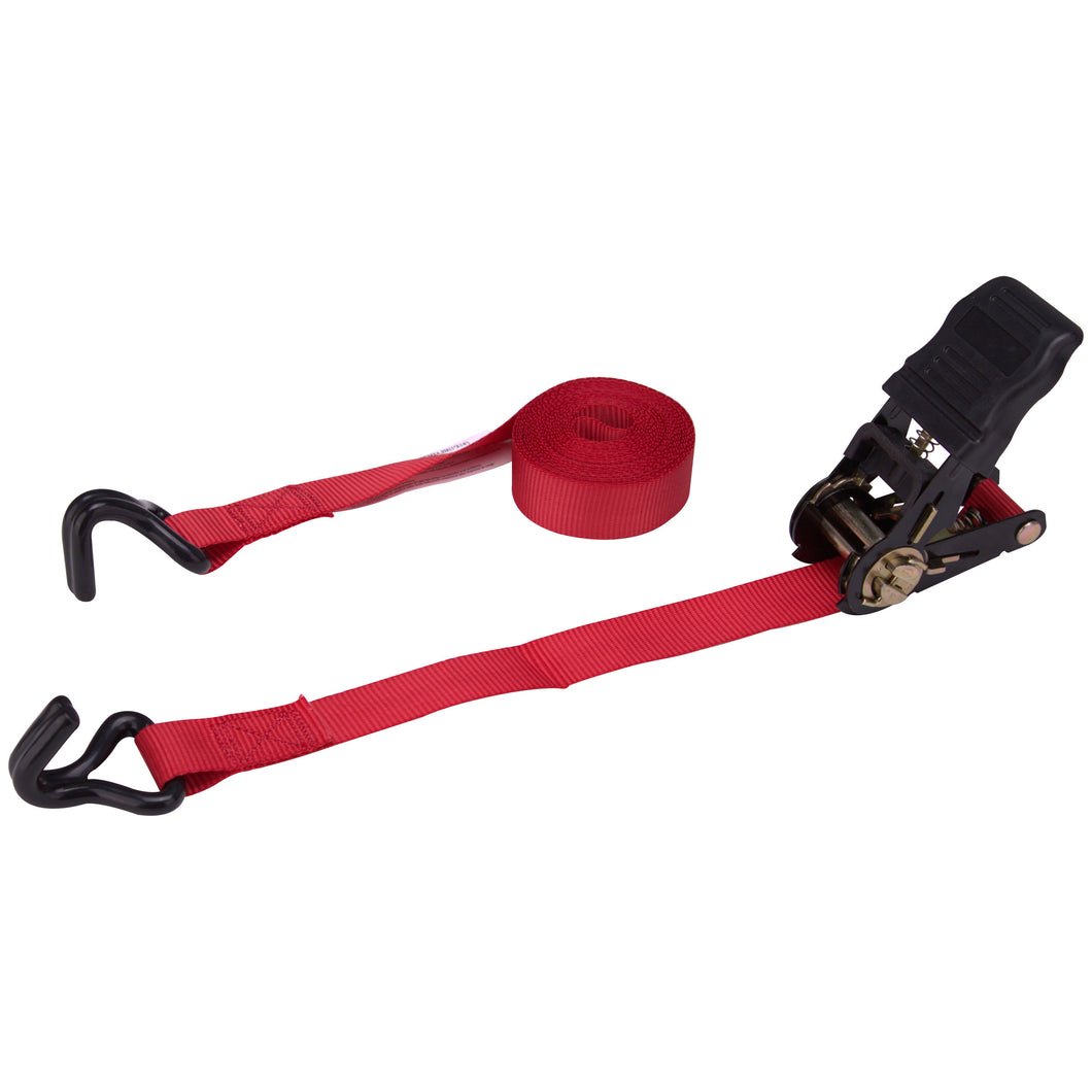 ProSource FH64057 Tie-Down, 1 in W, 14 ft L, Polyester Webbing, Metal Ratchet, Red, 500 lb, Double J-hook End Fitting