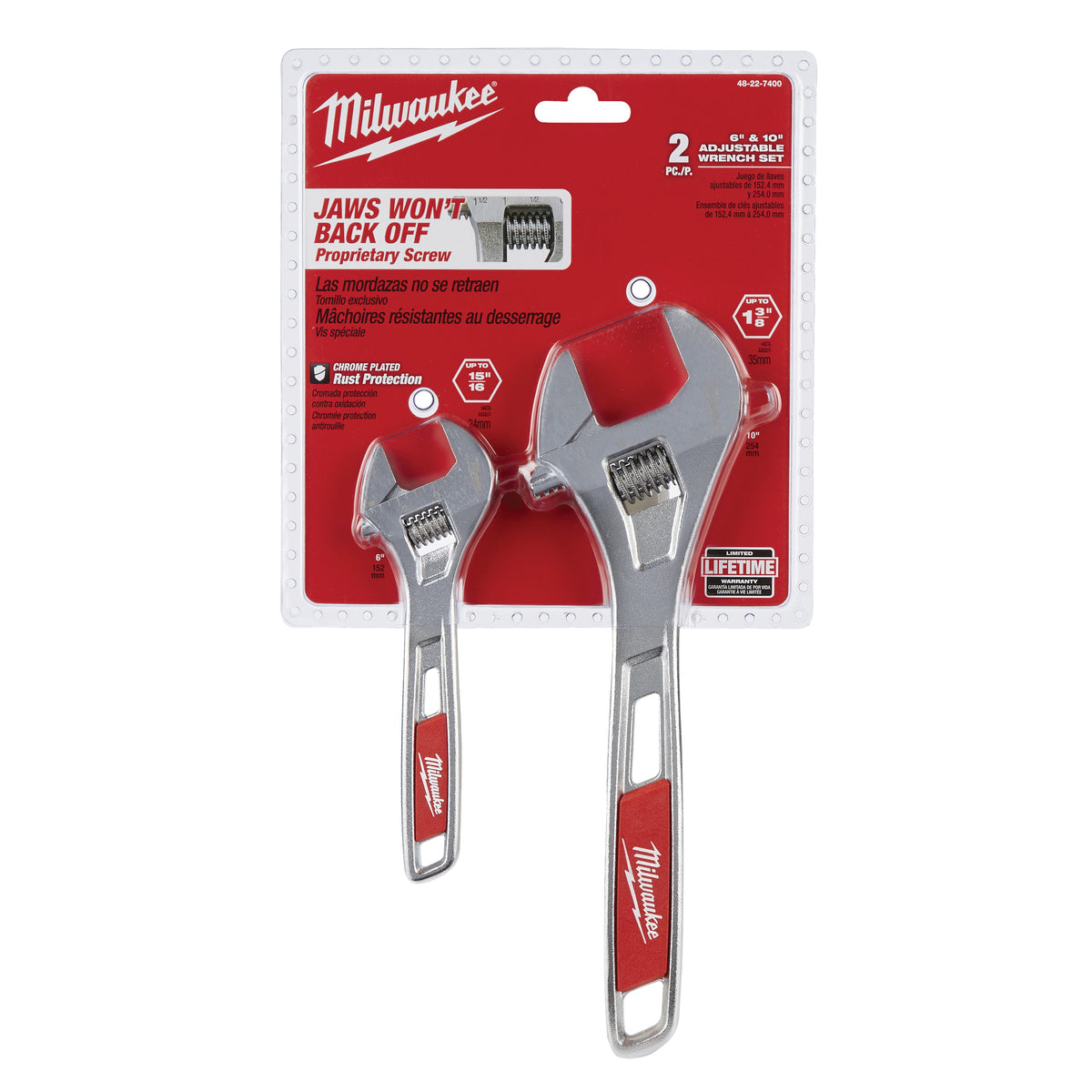 Milwaukee 48-22-7400 Adjustable Wrench Set, 6 in, 10 in OAL, 1-3/8 in, 15/16 in Jaw, Steel, Chrome, Ergonomic Handle