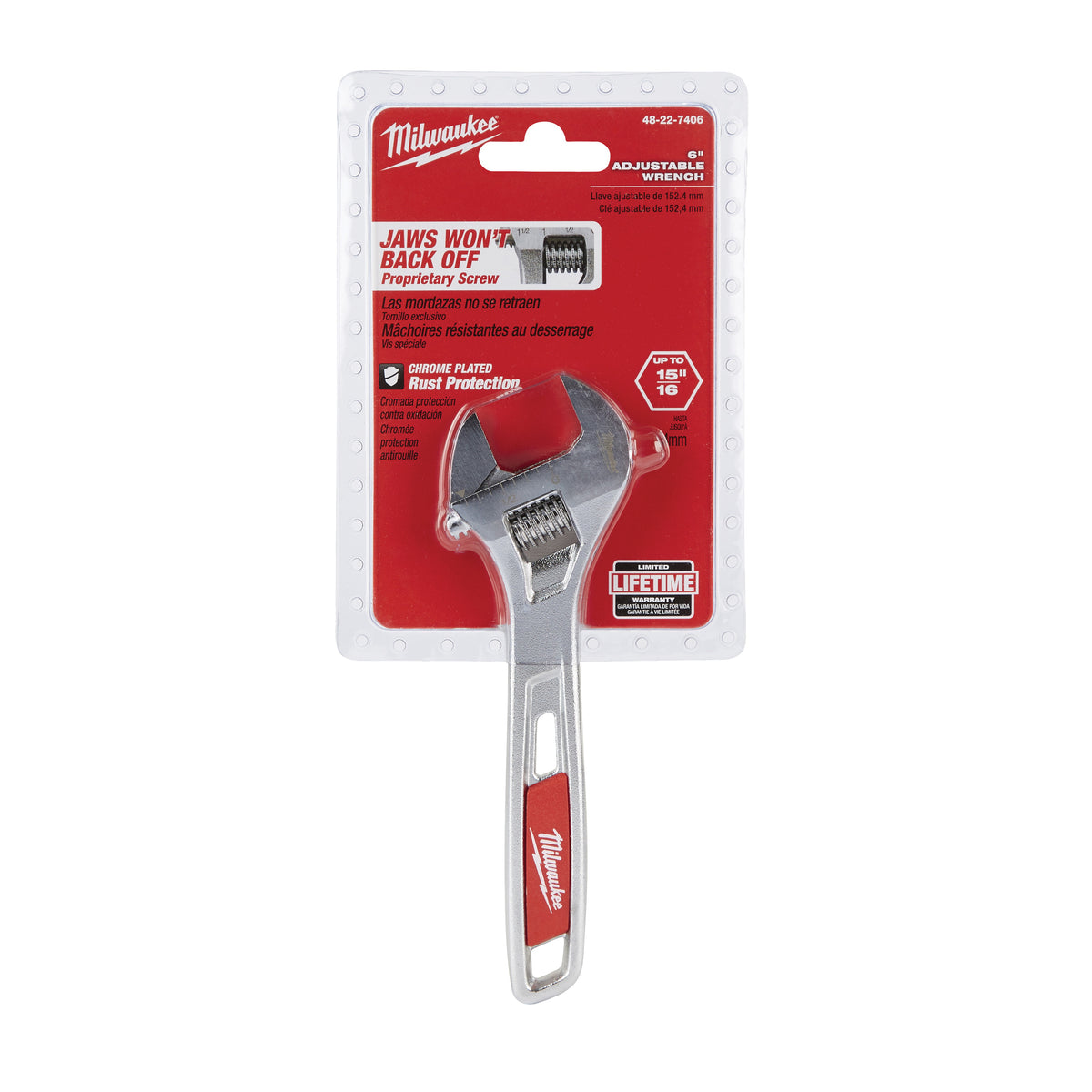 Milwaukee 48-22-7406 Adjustable Wrench, 6 in OAL, 15/16 in Jaw, Steel, Chrome, Ergonomic Handle