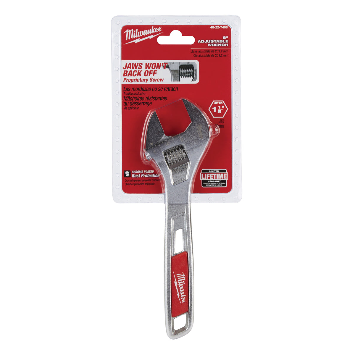 Milwaukee 48-22-7408 Adjustable Wrench, 8 in OAL, 1-1/8 in Jaw, Steel, Chrome, Ergonomic Handle