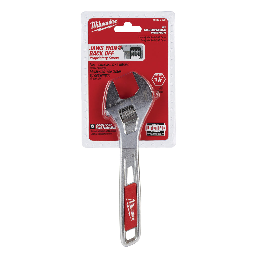 Milwaukee 48-22-7408 Adjustable Wrench, 8 in OAL, 1-1/8 in Jaw, Steel, Chrome, Ergonomic Handle