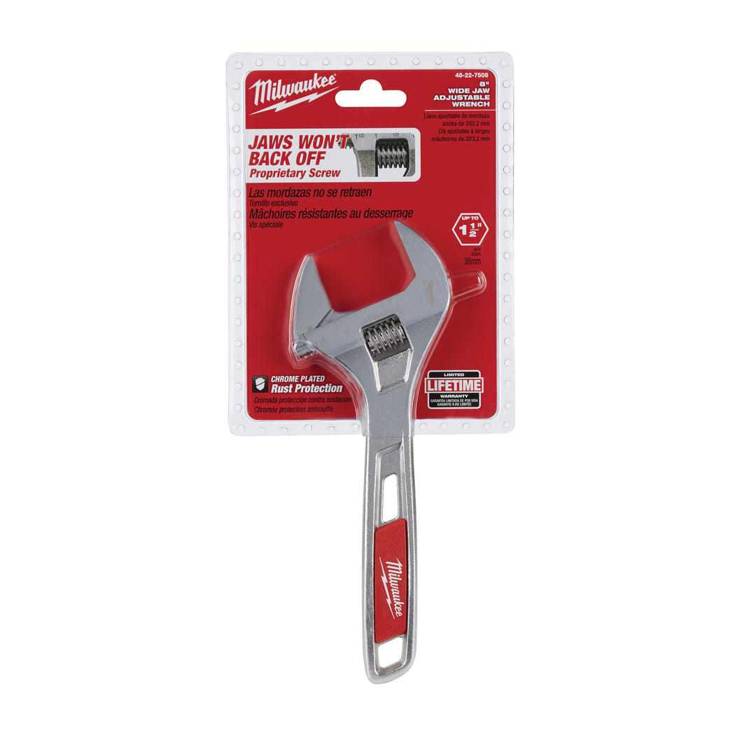 Milwaukee 48-22-7508 Adjustable Wrench, 8 in OAL, 1-1/2 in Jaw, Steel, Chrome, Ergonomic Handle