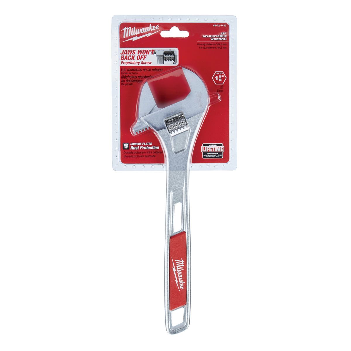 Milwaukee 48-22-7412 Adjustable Wrench, 12 in OAL, 1-5/8 in Jaw, Steel, Chrome, Ergonomic Handle