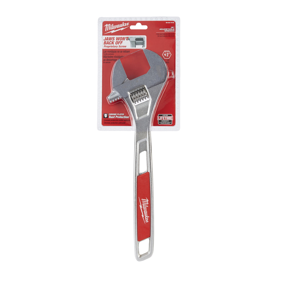 Milwaukee 48-22-7415 Adjustable Wrench, 15 in OAL, 1-3/4 in Jaw, Steel, Chrome, Ergonomic Handle